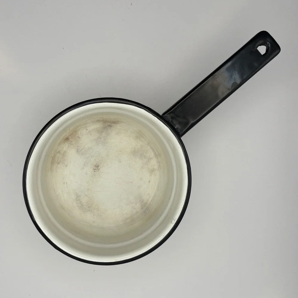 Vintage White Enamelware Saucepan 1 Qt Black Rim Handle 6